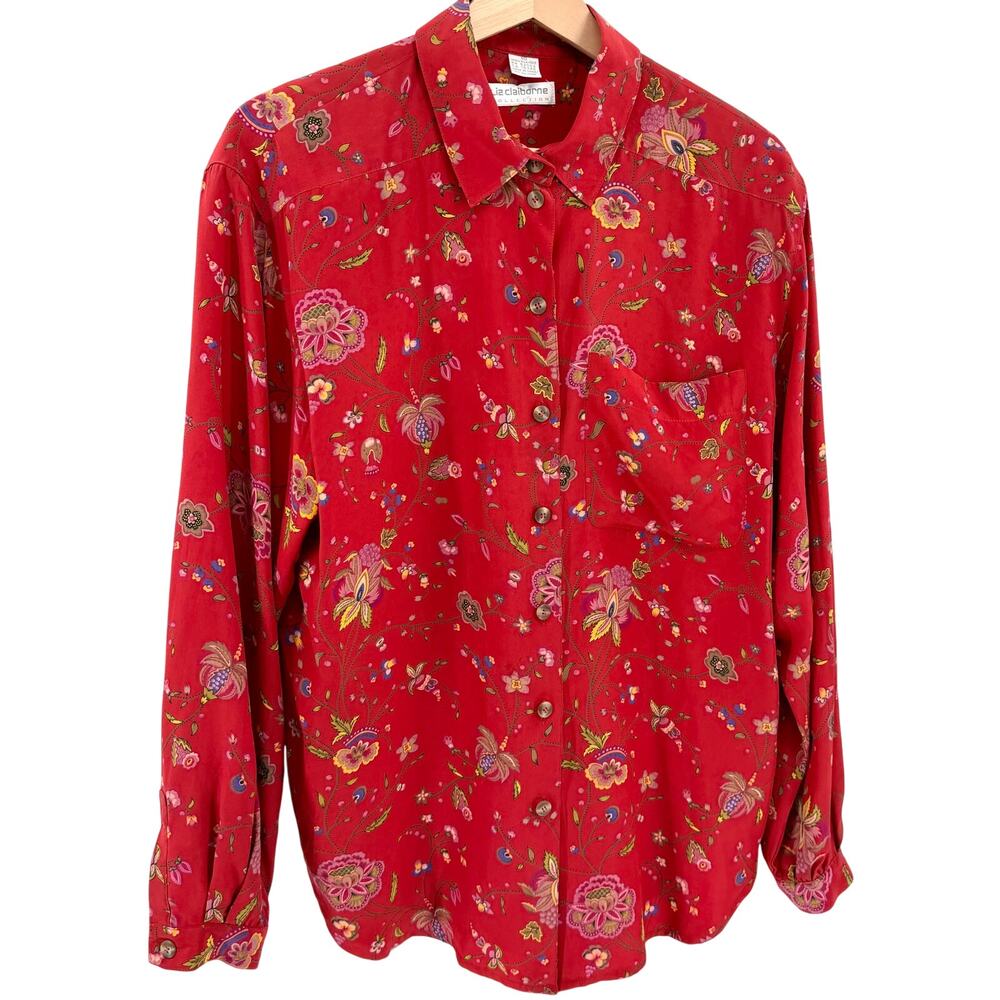 Vintage 90s Liz Claiborne Collection Red Floral 100% Silk Blouse